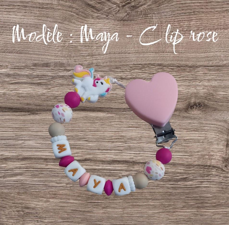 Attache tétine personnalisée, licorne blanche. Modèle Maya pour cadeau naissance, baby shower, jeunes parents. Création française, fait main