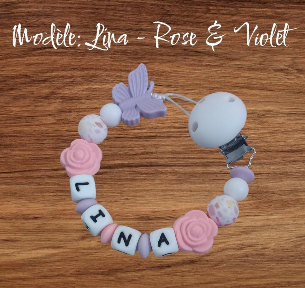 Attache tétine personnalisée papillon. Modèle Lina, thème girly. Cadeau naissance, baby shower, jeunes parents. Création française.