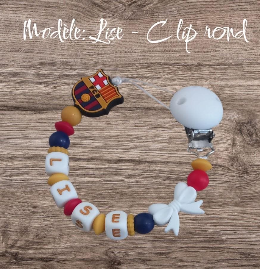 Attache tétine personnalisée, FC Barcelone. Modèle Lise FCB pour fille. Cadeau naissance, baby shower, jeunes parents. Création française.