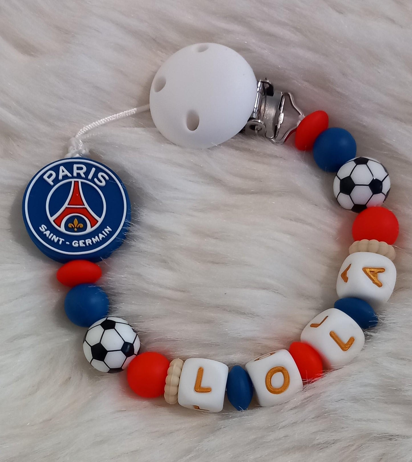 Attache tétine personnalisée Paris Saint Germain. Modèle Lola PSG pour fille et garçon. Cadeau naissance. Création française, fait main.