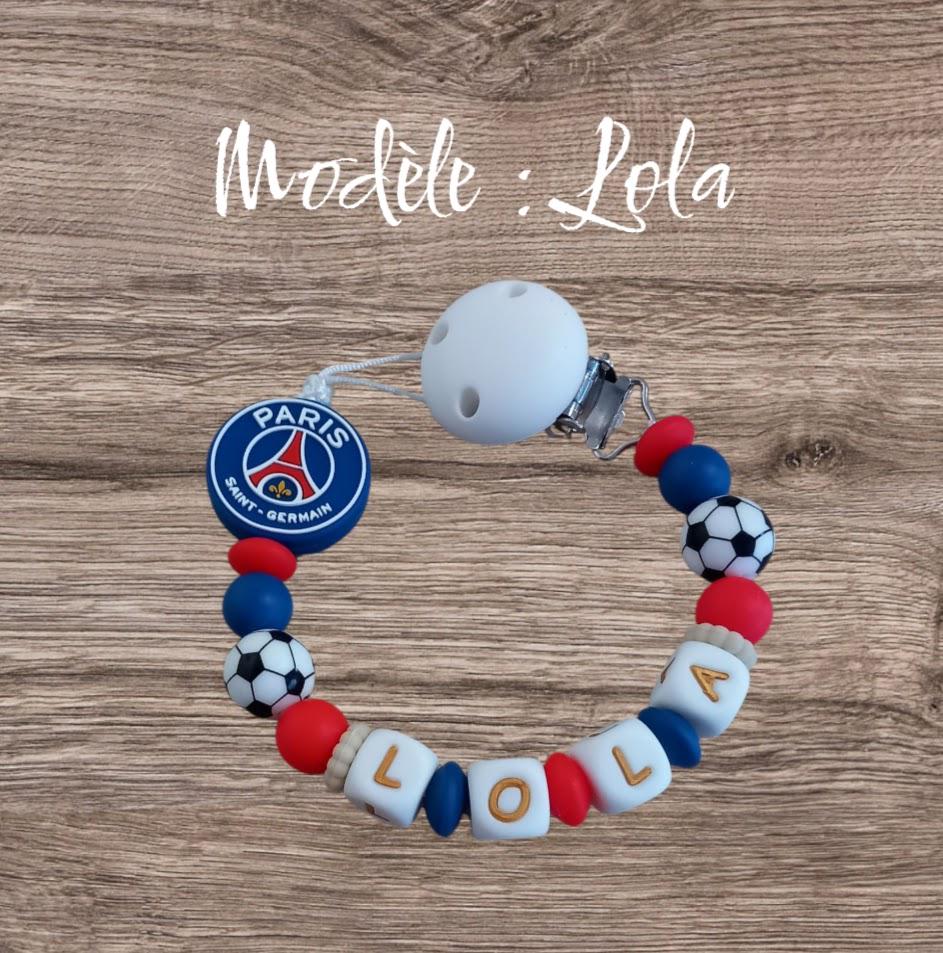 Attache tétine personnalisée Paris Saint Germain. Modèle Lola PSG pour fille et garçon. Cadeau naissance. Création française, fait main.