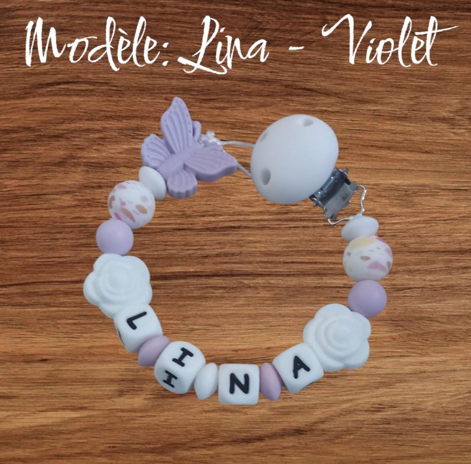 Attache tétine personnalisée papillon. Modèle Lina, thème girly. Cadeau naissance, baby shower, jeunes parents. Création française.