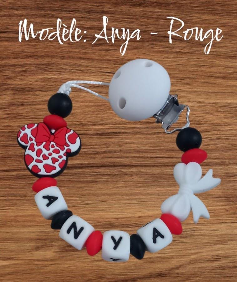 Attache tétine personnalisée, Mouse. Modèle Anya, tête de souris. Cadeau naissance, baby shower, jeunes parents. Création française.