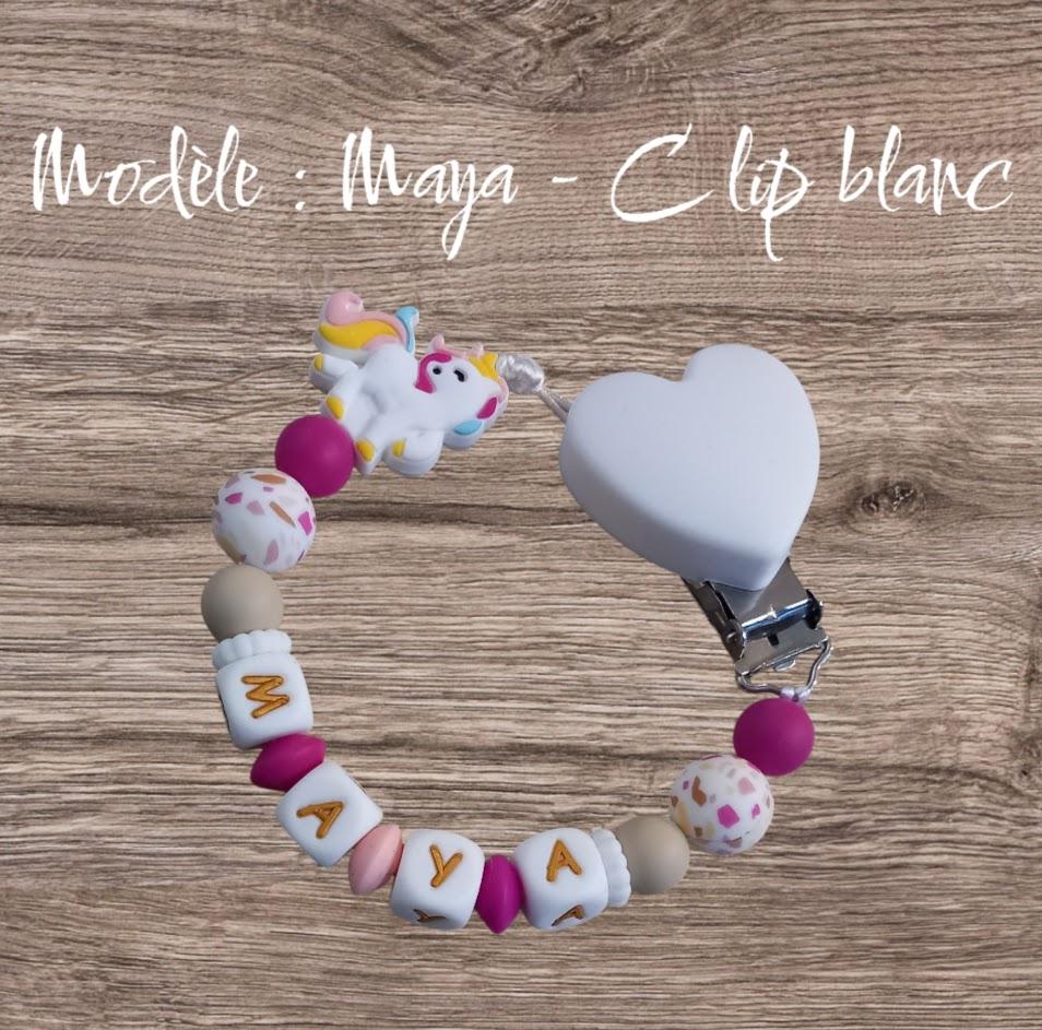 Attache tétine personnalisée, licorne blanche. Modèle Maya pour cadeau naissance, baby shower, jeunes parents. Création française, fait main