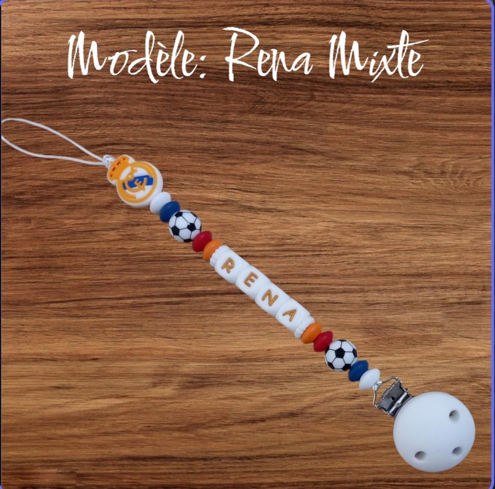 Attache tétine personnalisée Real Madrid. Modèle Rena fille et garçon. Cadeau naissance, baby shower, jeunes parents. Création française.
