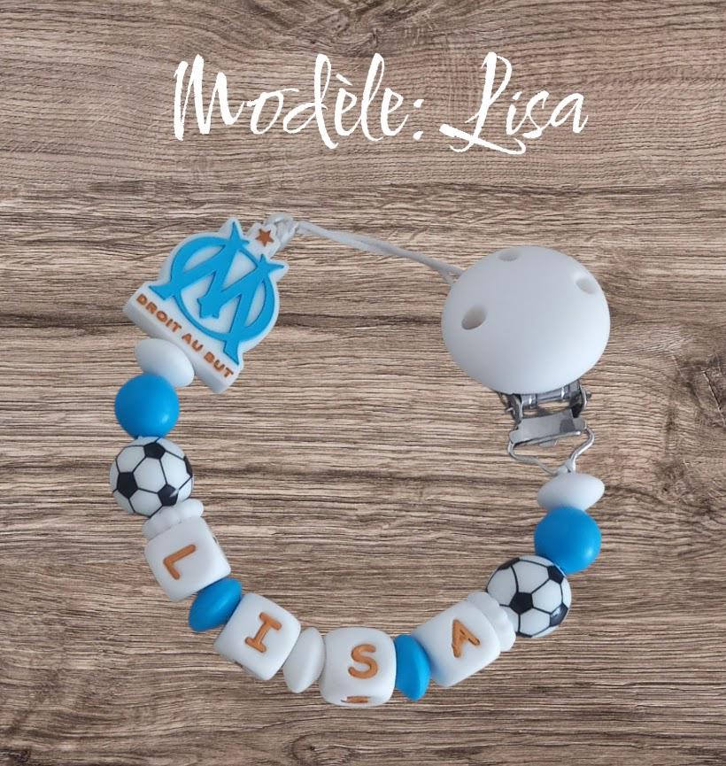 Attache tétine personnalisée Olympique de Marseille. Modèle Lisa, OM, Mixte. Cadeau naissance, baby shower. Création française