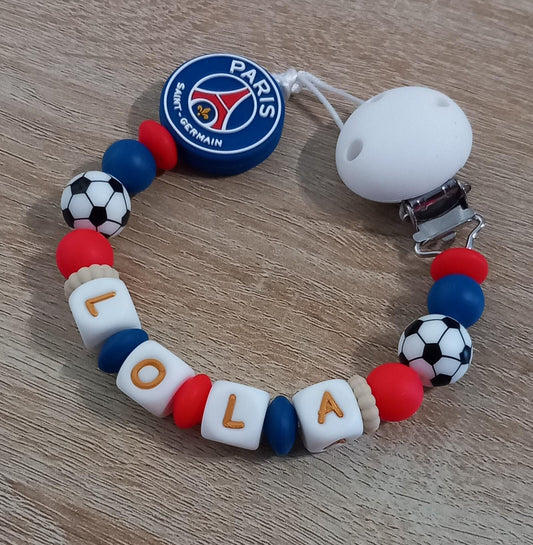 Attache tétine personnalisée Paris Saint Germain. Modèle Lola PSG pour fille et garçon. Cadeau naissance. Création française, fait main.