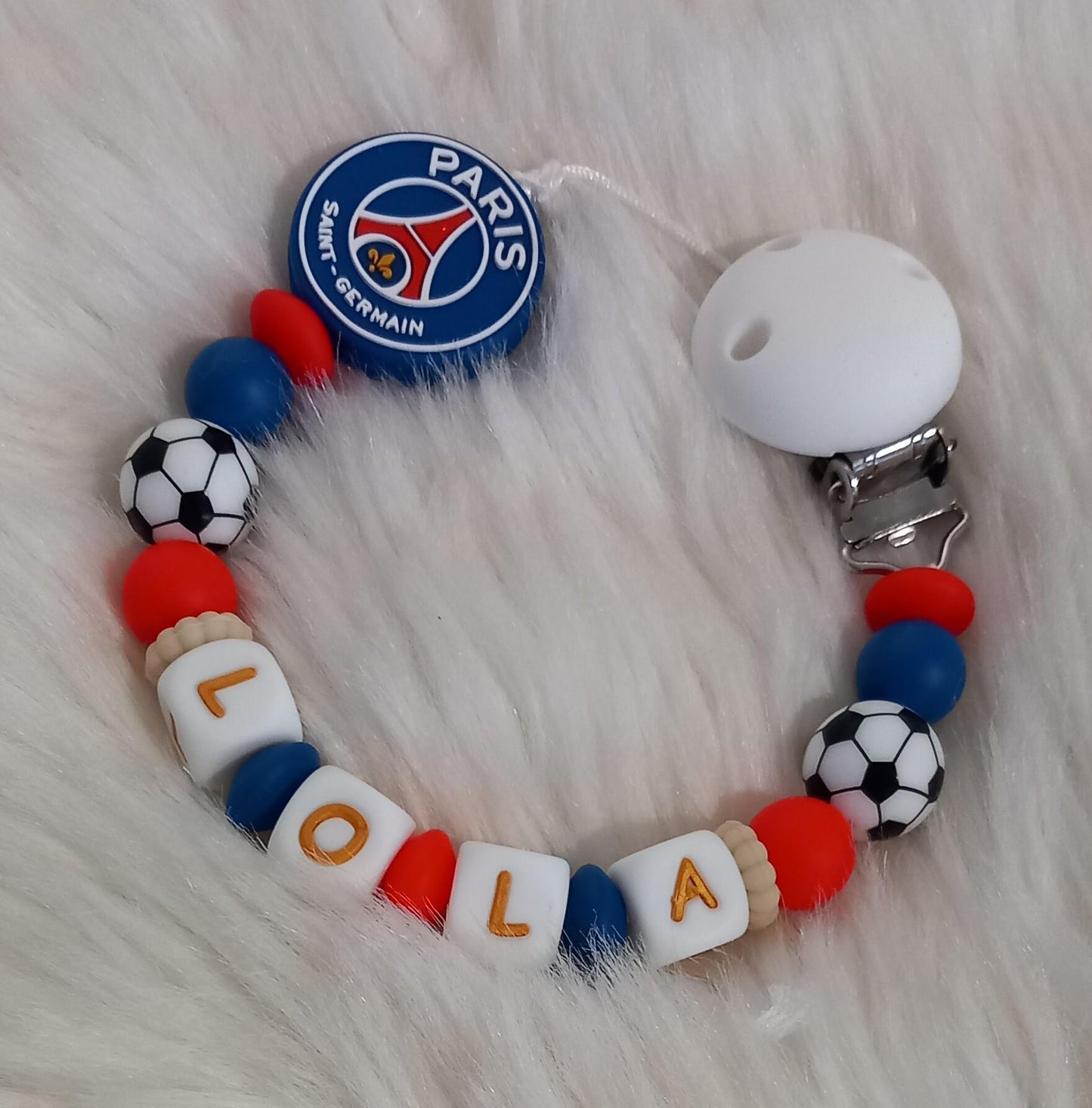 Attache tétine personnalisée Paris Saint Germain. Modèle Lola PSG pour fille et garçon. Cadeau naissance. Création française, fait main.