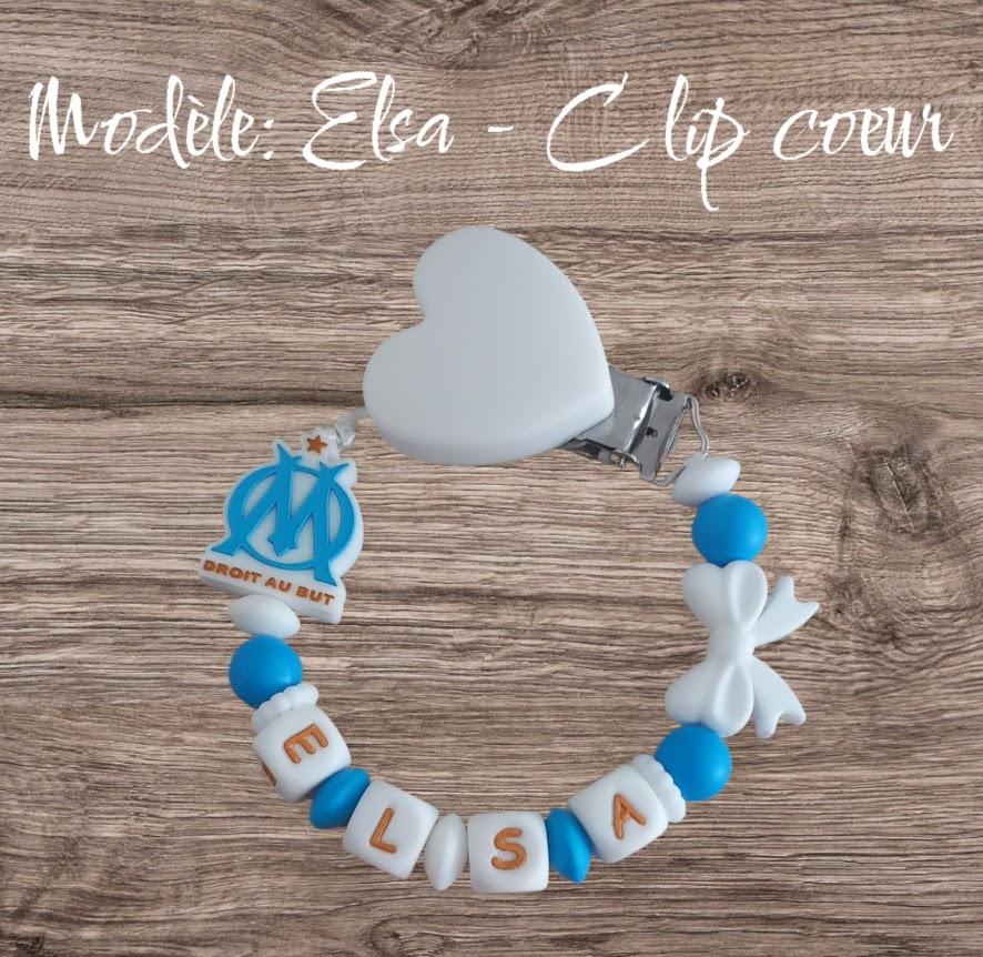 Attache tétine personnalisée Olympique de Marseille. Modèle Elsa OM fille. Cadeau naissance, baby shower, jeunes parents. Création française
