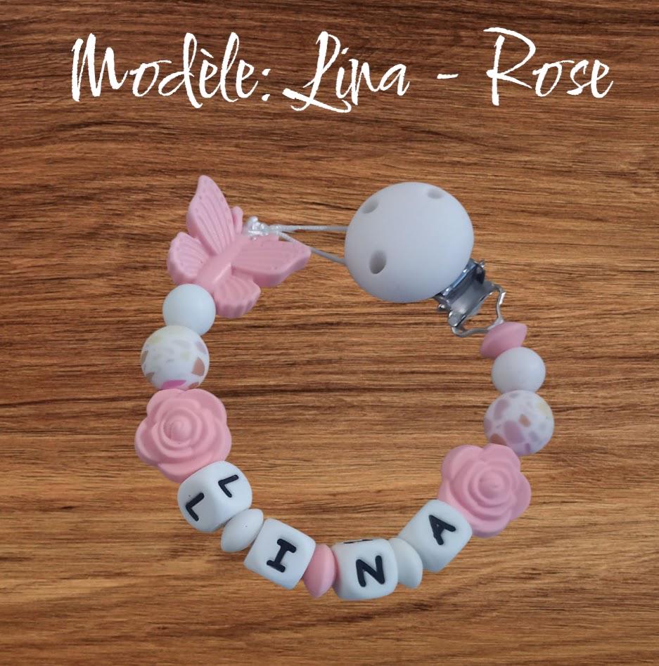 Attache tétine personnalisée papillon. Modèle Lina, thème girly. Cadeau naissance, baby shower, jeunes parents. Création française.